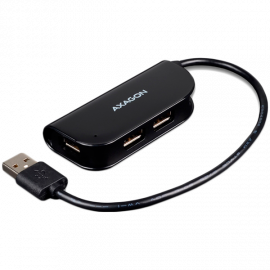 Handy four-port USB 2.0 hub with a permanently connected USB cable. Black.