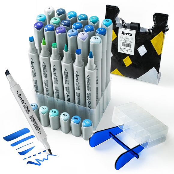 Double-sided Marker Pens ARRTX Oros, 24 Colours, blue tone shade