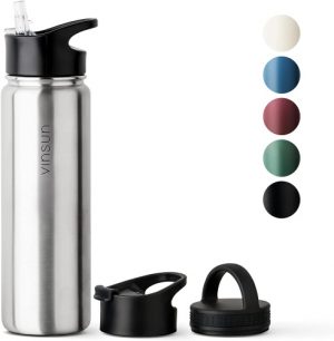 Ecost Customer Return Vinsun Stainless Steel Drinking Bottle 750 ml - 3 Lids - Leak-Proof, Suitab