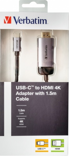 Verbatim 49144 USB-C to HDMI 4K Adapter, USB 3.1 GEN 1, HDMI 4K (60Hz), 1.5m Cable, Grey/Black Verbatim 49144 USB-C to HDMI 4K Adapter, USB 3.1 GEN 1, HDMI 4K (60Hz), 1.5m Cable, Grey/Black