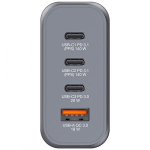 Verbatim 32203 GaN Charger 140W 4-Port, USB-A/USB-C, EU/UK/US PlugS, Grey/Black