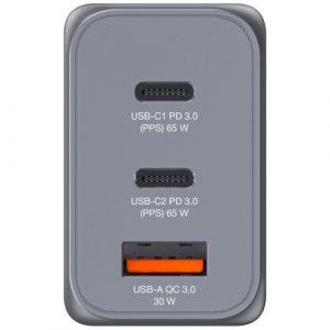 Verbatim 32201 GaN Charger 65W 3-Port, USB-A/USB-C, EU/UK/US Plug, Grey/Black